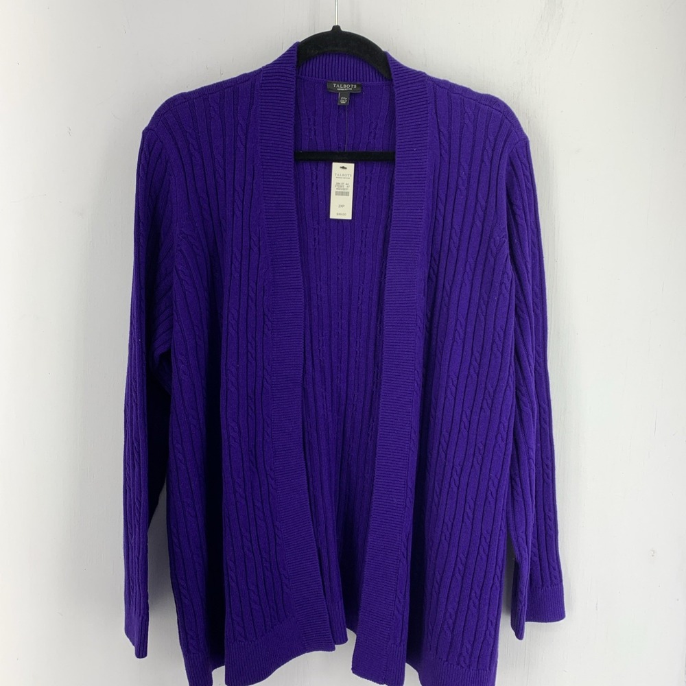 Talbots 2XP Petite Purple Cable Knit Open Front Cardigan Sweater Office NWT